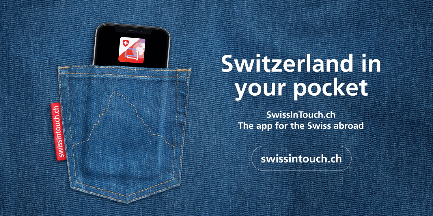 A mobile phone in a trouser pocket with a stitched outline of the Matterhorn announces the launch of the SwissInTouch app.